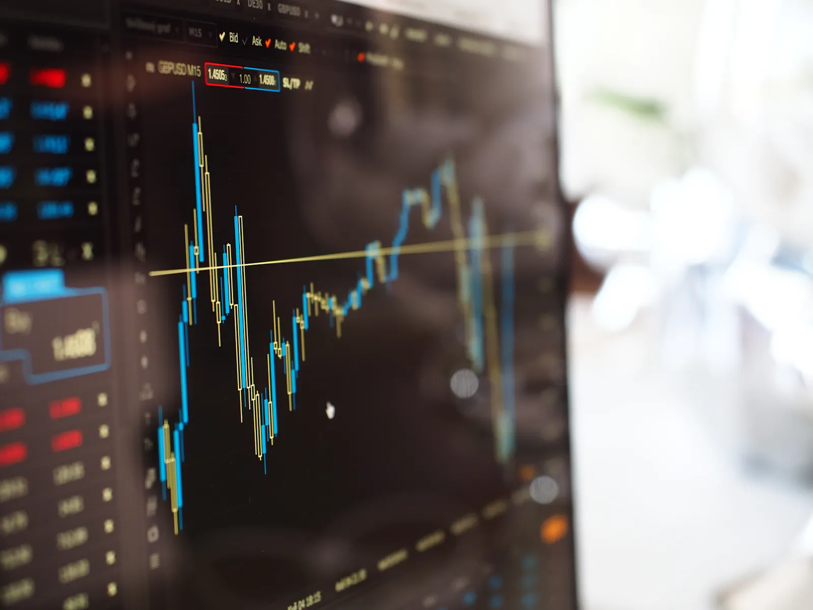 Multi-monitor workstation displaying market structure charts.